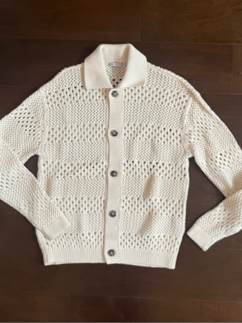 Zara Men's Cream Open-Knit Button-Up Cardigan